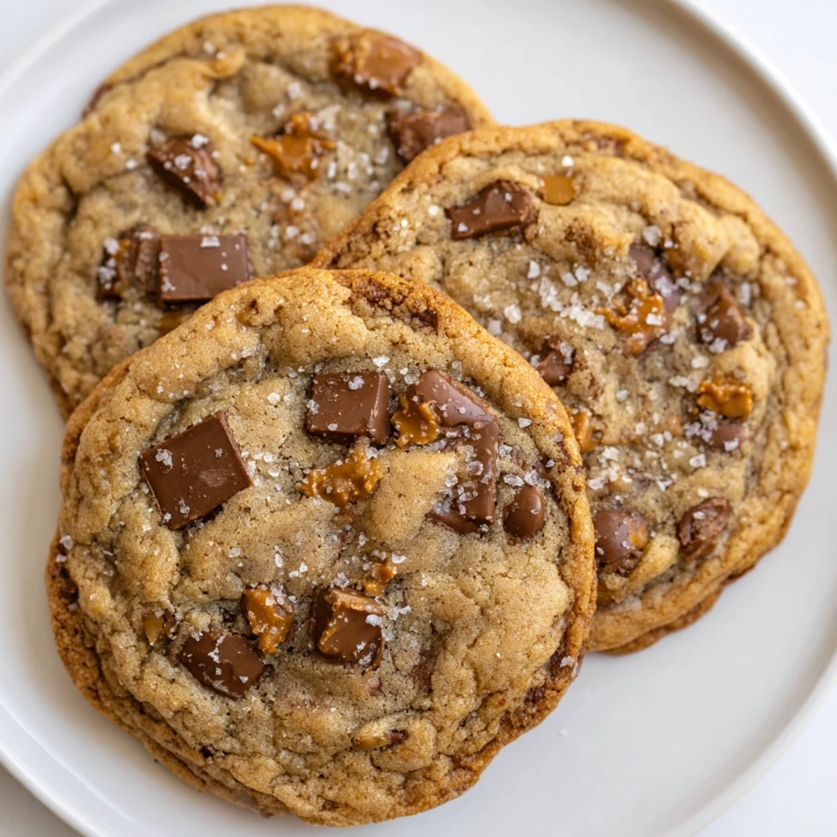Gooey brown butter salted toffee chocolate chip cookies with melty centers on a rustic baking sheet
