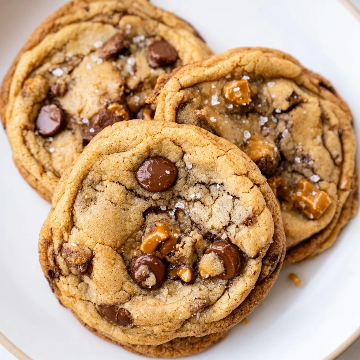 Golden brown butter salted toffee chocolate chip cookies topped with flaky sea salt close-up