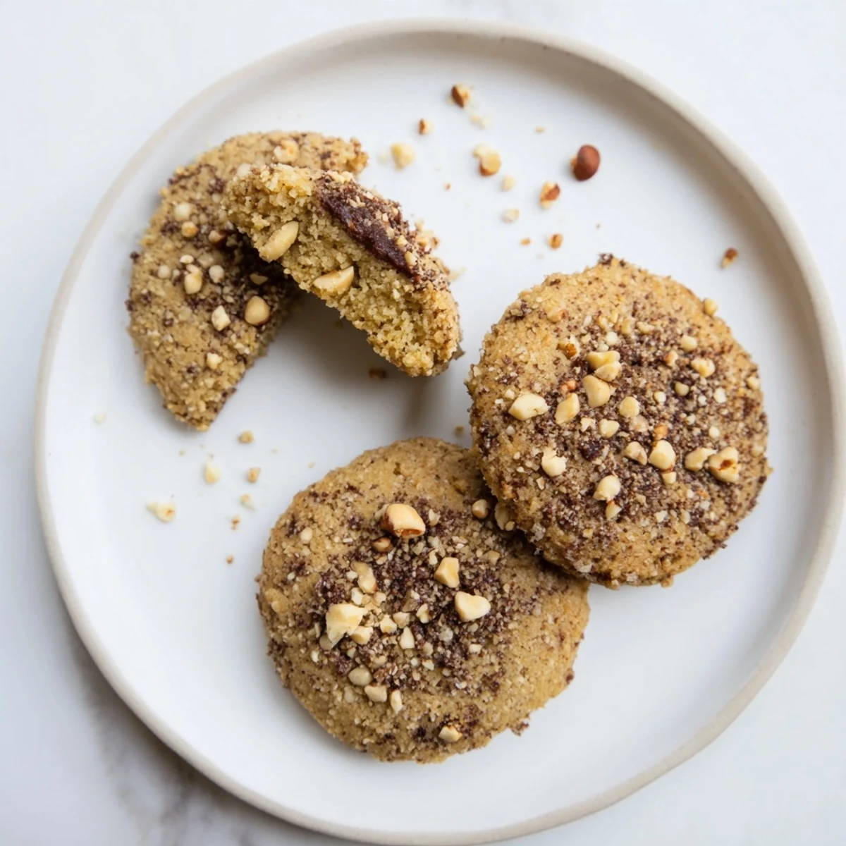 Buttery crisp Keto Vanilla Hazelnut Crunch Cookies stacked alongside black coffee
