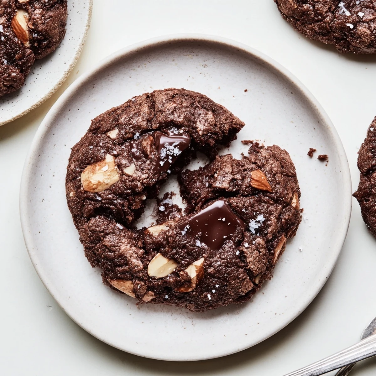 Stack of Gluten-Free Chocolate Almond Butter Chip Cookies beside glass of milk