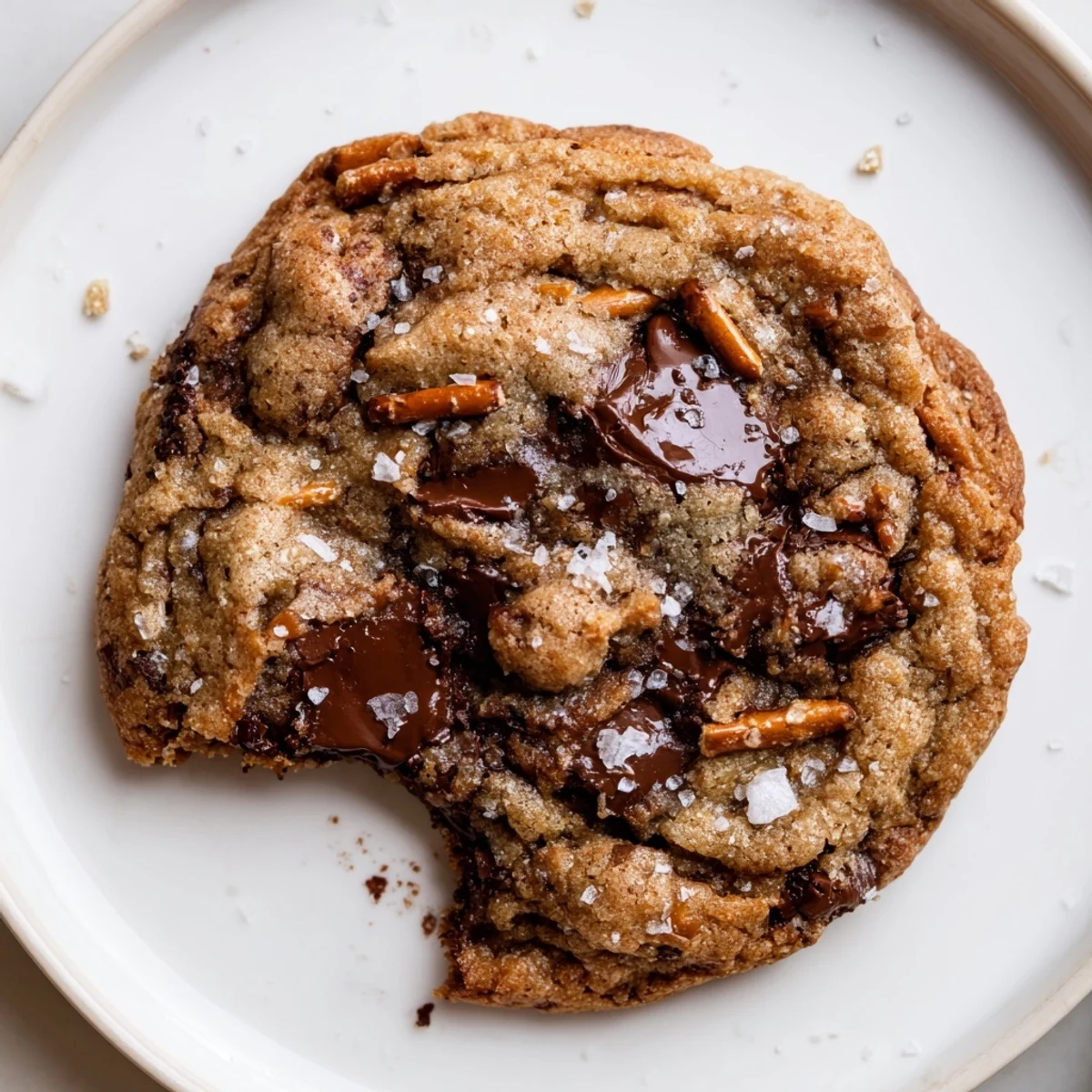 Warm Brown Butter Maple Pretzel Chocolate Chip Cookies on parchment, gooey centers.
