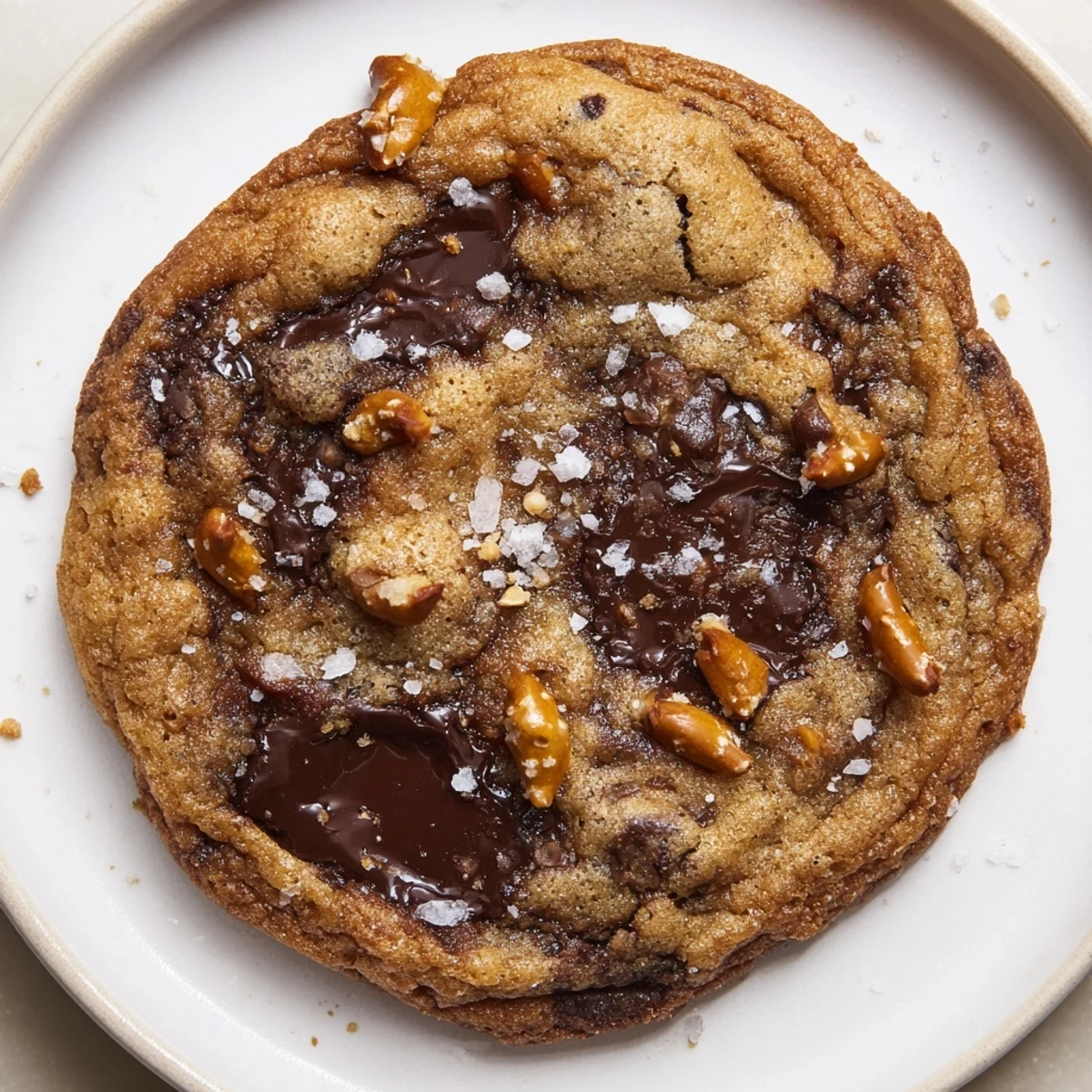 Sliced open Brown Butter Maple Pretzel Chocolate Chip Cookies showing melted chocolate and crunch.