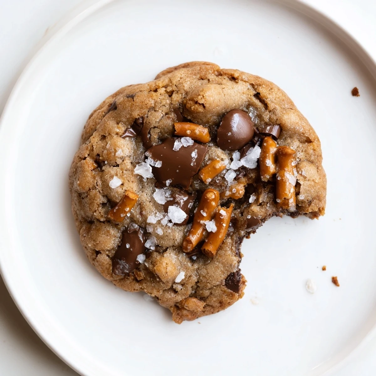 Stack of Brown Butter Maple Pretzel Chocolate Chip Cookies with flaky sea salt.