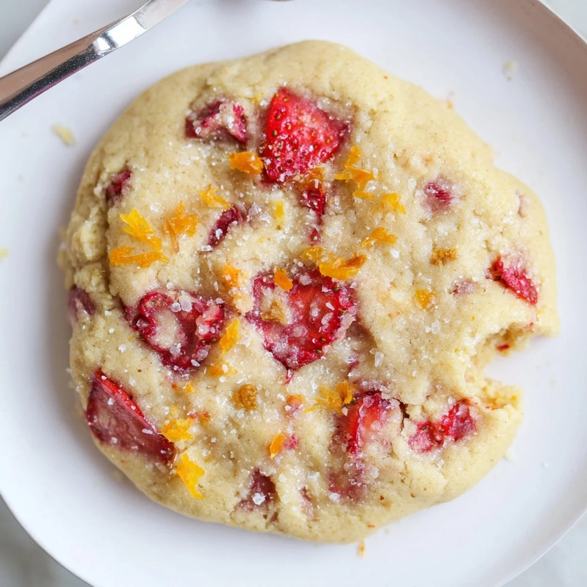 Warm Vegan Strawberry Orange Sugar Cookies rolled in sugar, served with almond milk