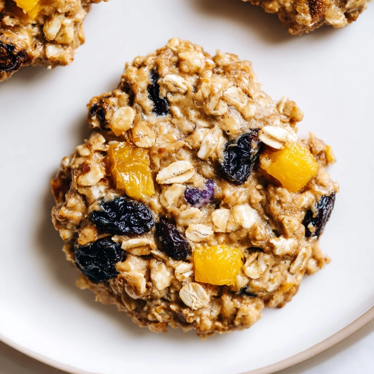 Stacked Vegan Blueberry Mango Oatmeal Raisin Cookies served with almond milk for dunking