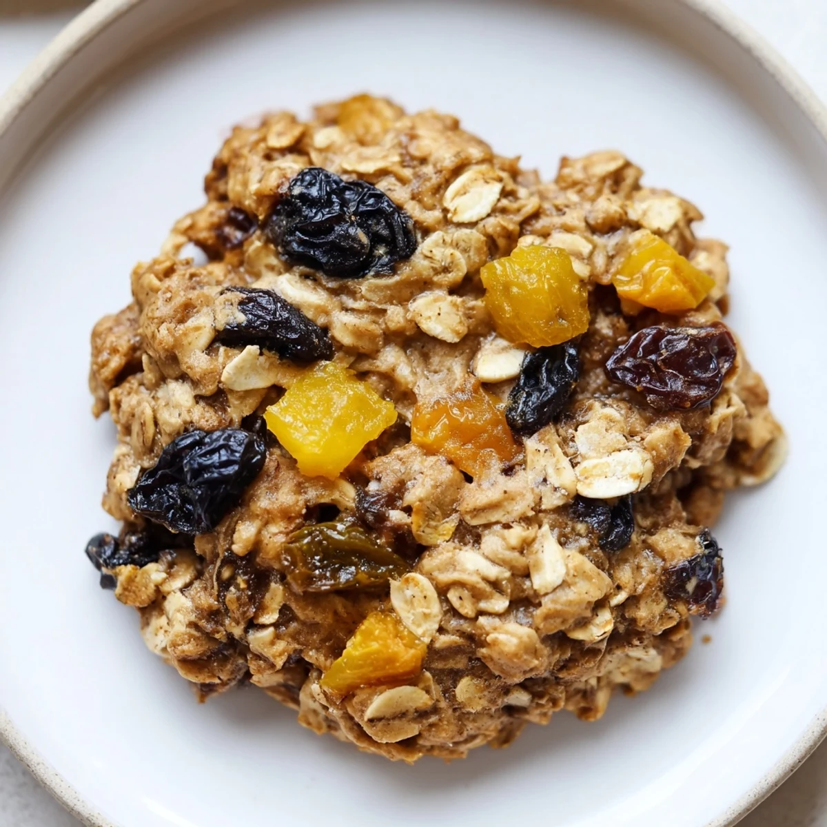 Tray of Vegan Blueberry Mango Oatmeal Raisin Cookies topped with sweet dried fruit pieces  