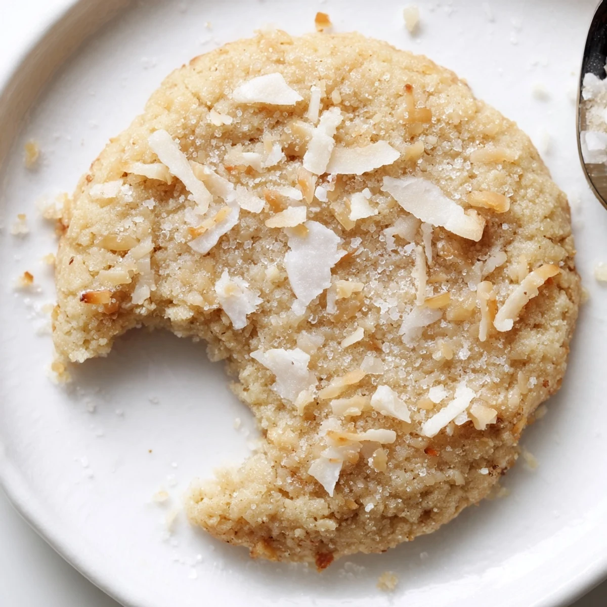 Stacked Vegan Coconut Vanilla Sugar Cookies beside cold oat milk, inviting.