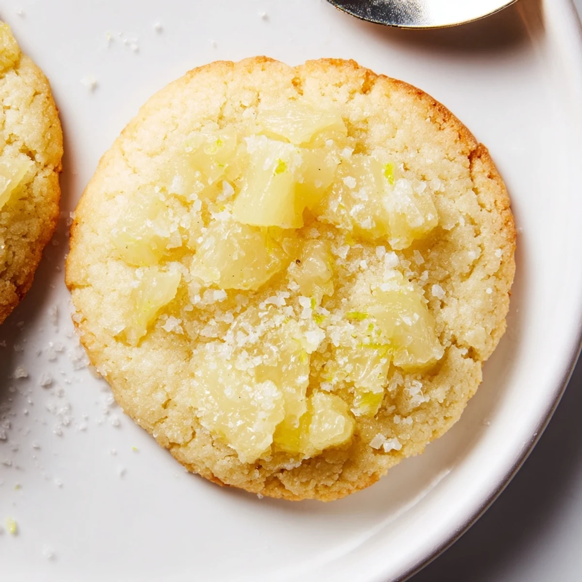 Close-up of Vegan Pineapple Lime Sugar Cookies with one bitten, soft zesty interior