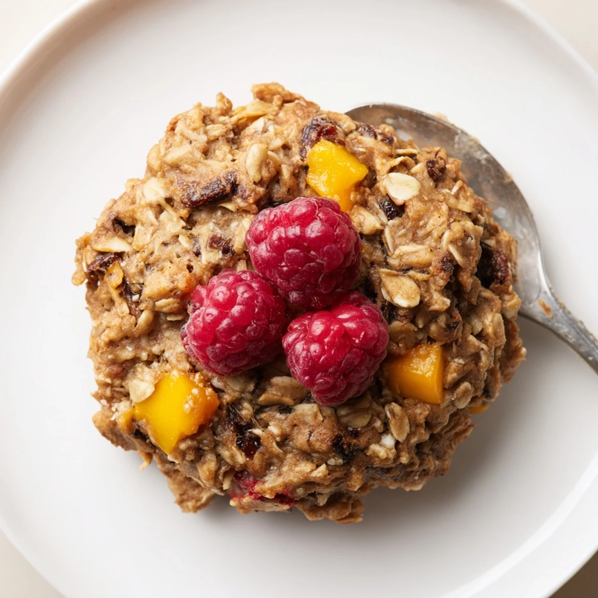 Vegan Raspberry Mango Oatmeal Raisin Cookies cooling on wire rack, chewy golden edges