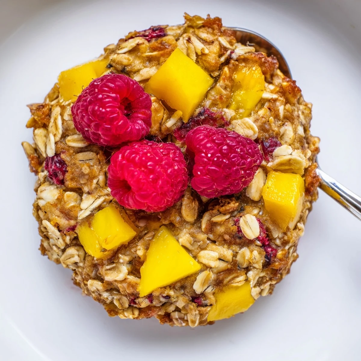 Tray of freshly baked Vegan Raspberry Mango Oatmeal Raisin Cookies, soft, fruity