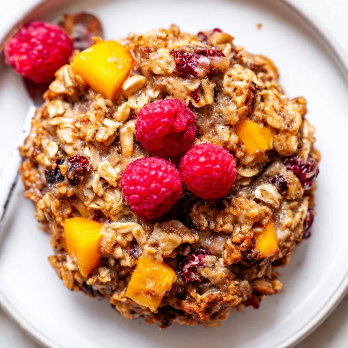 Warm Vegan Raspberry Mango Oatmeal Raisin Cookies served with almond milk, aromatic cinnamon