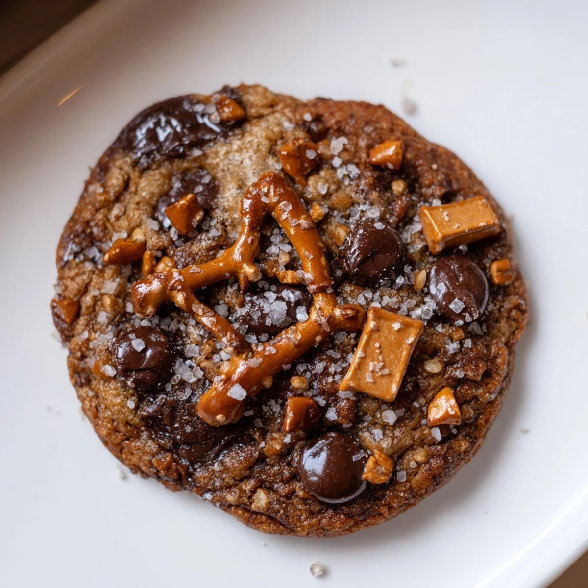Brown Butter Honey Pretzel Chocolate Chip Cookies warm on cooling rack, melting chips