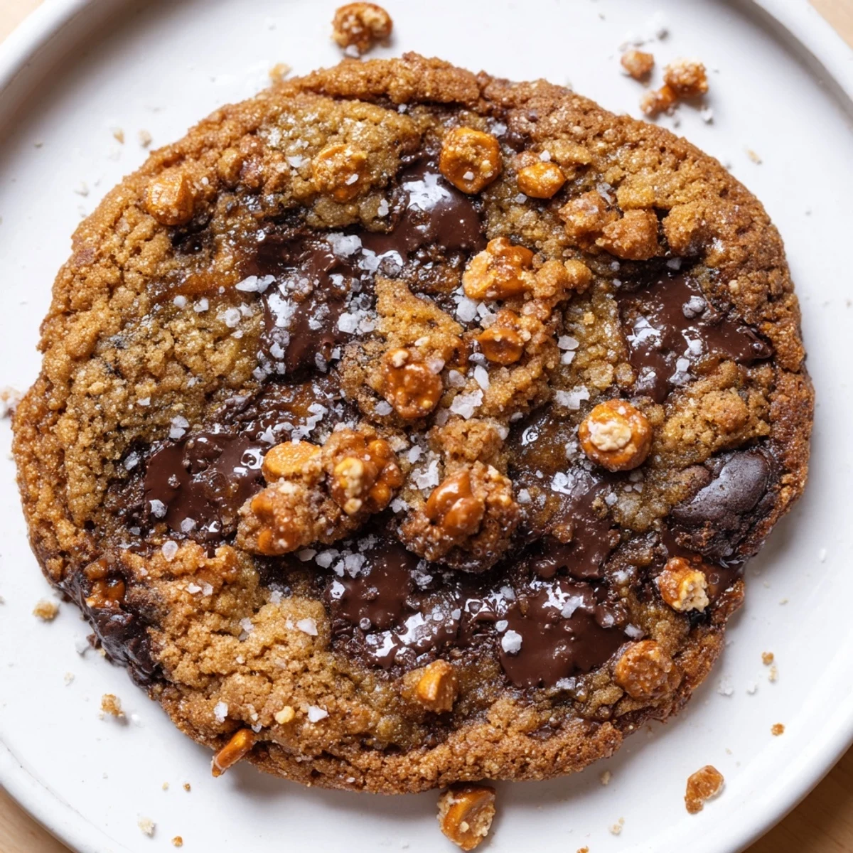 Fresh Brown Butter Honey Pretzel Chocolate Chip Cookies topped with flaky sea salt