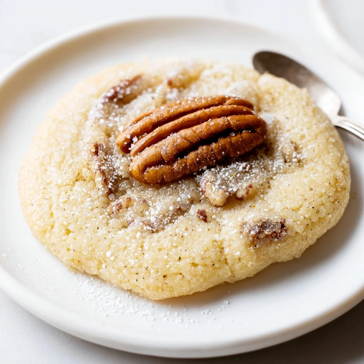 Keto Maple Pecan Butter Cookies stacked on parchment, topped with toasted pecan halves