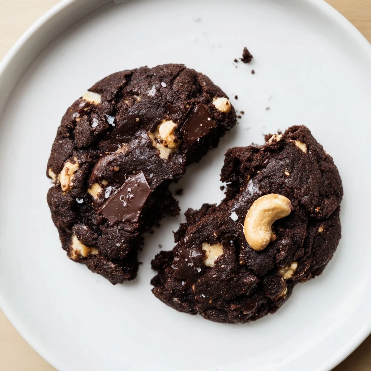 Warm Gluten-Free Dark Chocolate Cashew Crunch Cookies cooling on parchment, melty centers