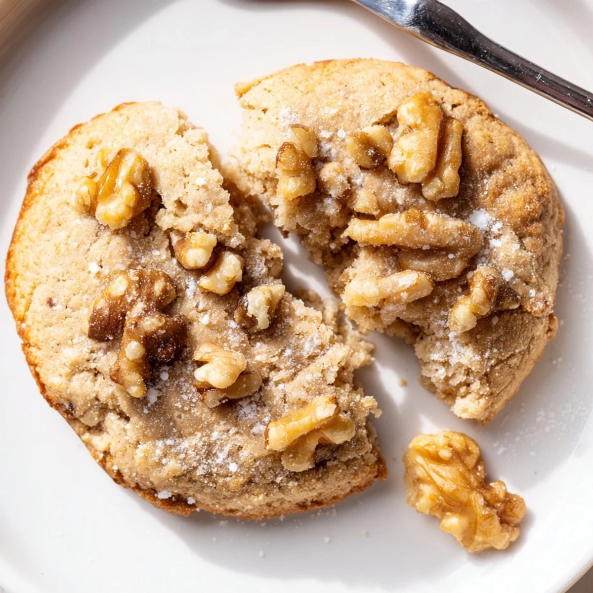 Stack of Keto Vanilla Walnut Crunch Cookies served with cold coffee, nutty crunch.