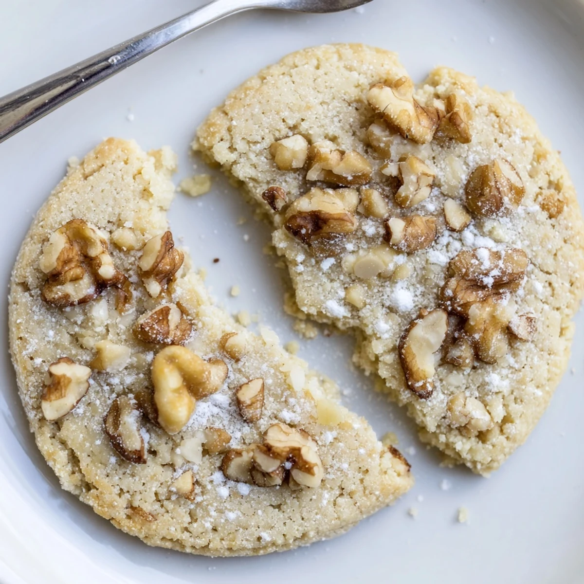 Close-up of Keto Vanilla Walnut Crunch Cookies showing chopped walnuts and golden crisp edges.