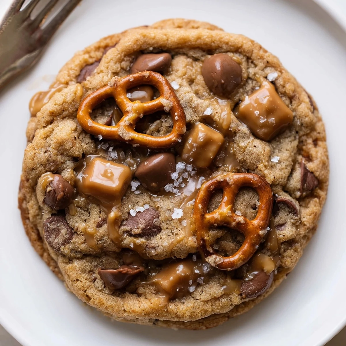 Brown Butter Caramel Pretzel Chocolate Chip Cookies warm on tray, nutty aroma, gooey centers.