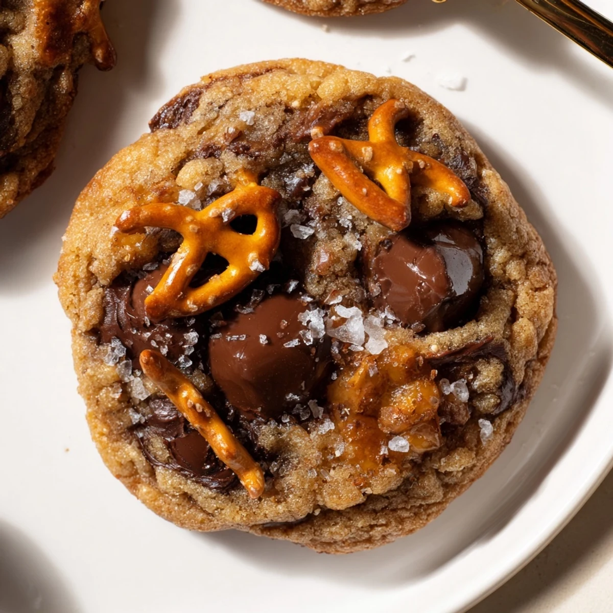 Brown Butter Caramel Pretzel Chocolate Chip Cookies, flaky sea salt, warm and chewy.
