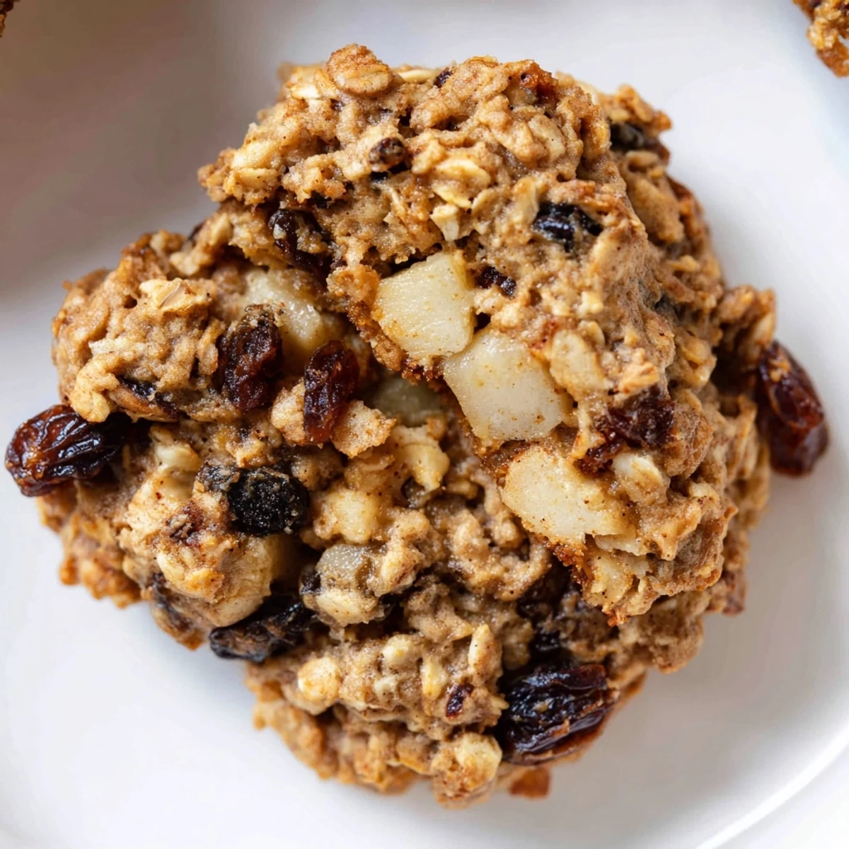 Fresh baked Apple Date Oatmeal Raisin Cookies cooling on rack, spicy cinnamon aroma