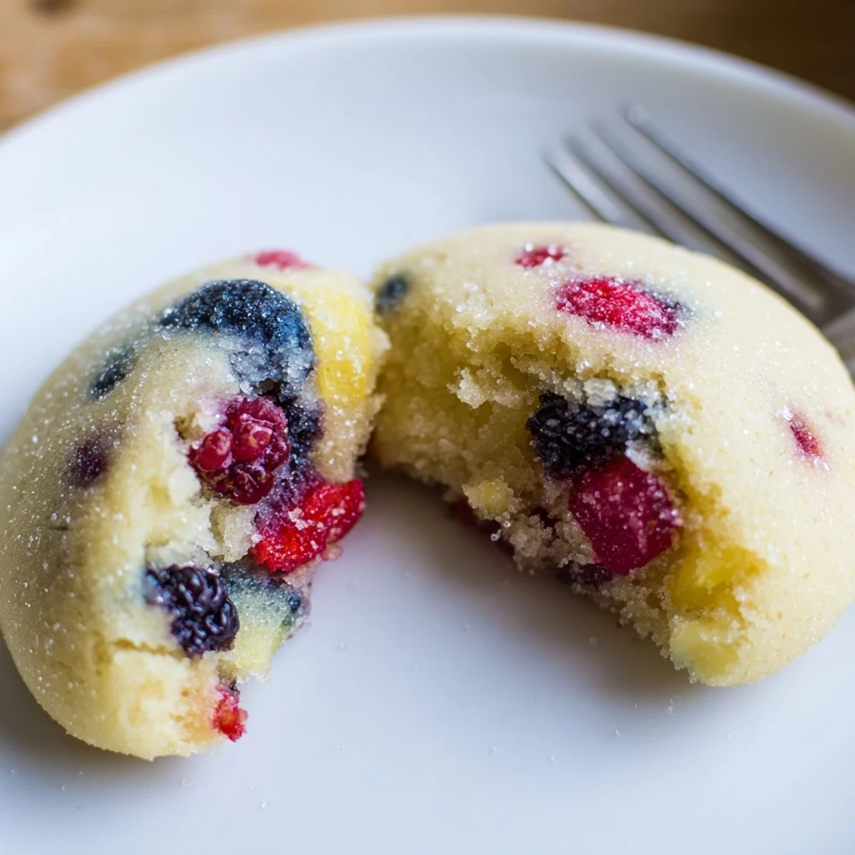 Tray of cooled Vegan Pineapple Berry Sugar Cookies, sugared tops, fruity bursts