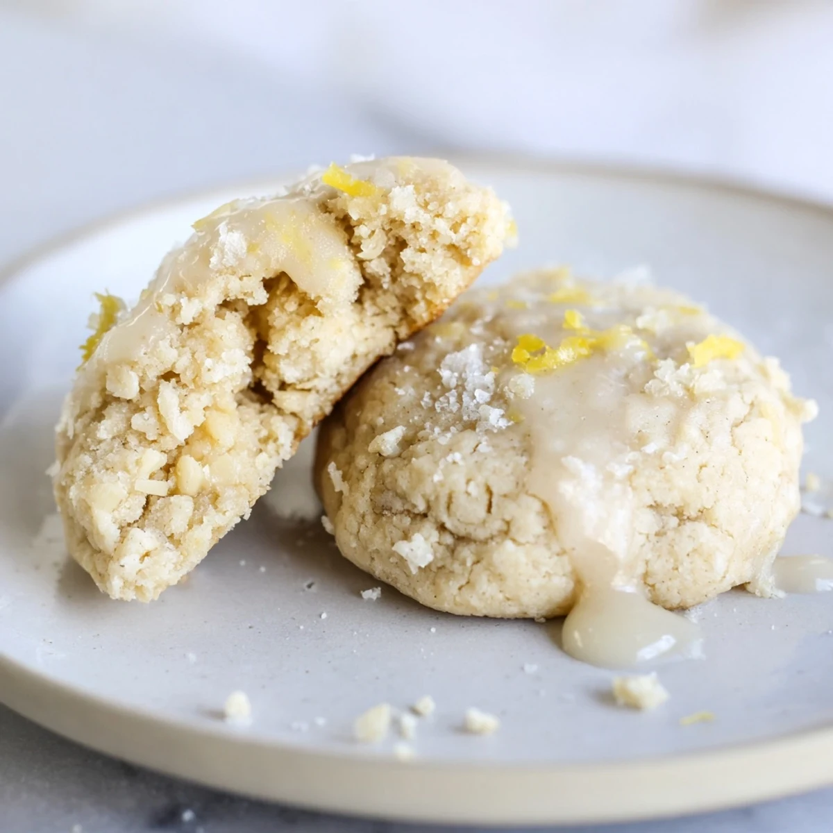 Gluten-Free Lemon Almond Drizzle Cookies cooling on rack, glossy lemon glaze glinting
