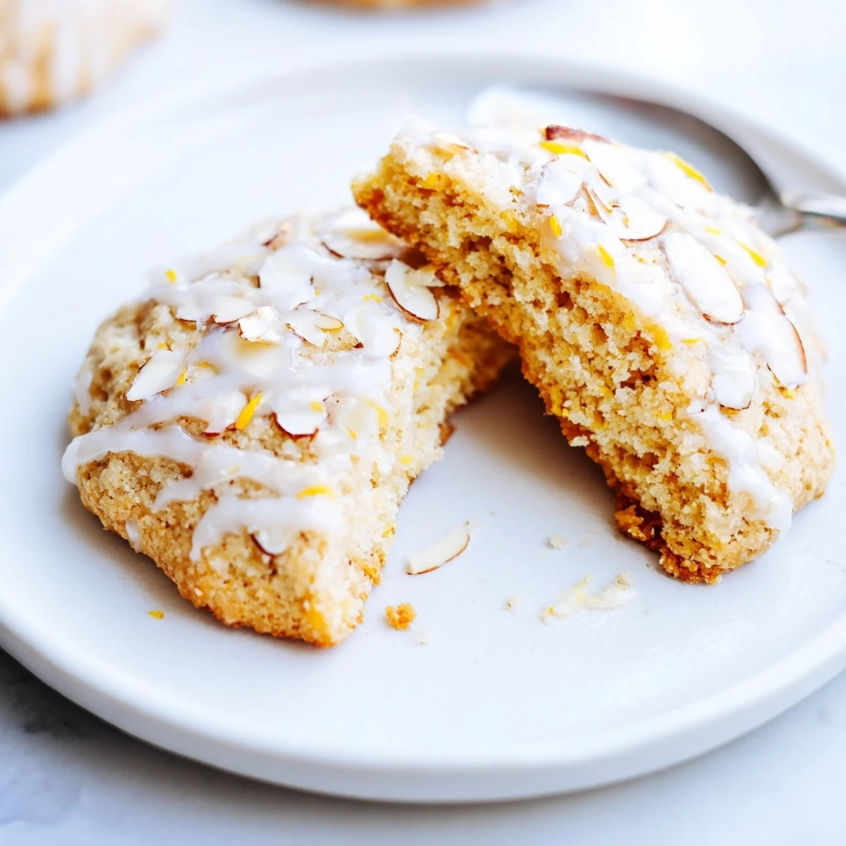 Warm Gluten-Free Lemon Almond Drizzle Cookies beside tea cup, tangy glaze drip