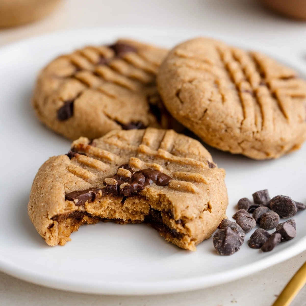 Plate of Keto Vanilla Peanut Butter Cookies with crisscross fork marks, chewy.