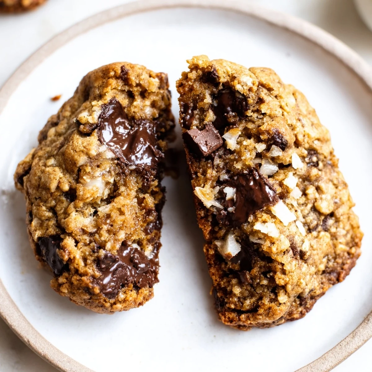 Stack of chewy Gluten-Free Espresso Coconut Chocolate Chip Cookies beside coffee mug