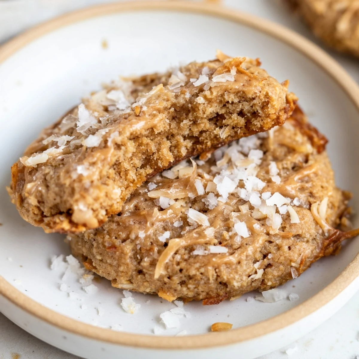 Freshly baked Keto Maple Coconut Butter Cookies on parchment, toasty coconut aroma.