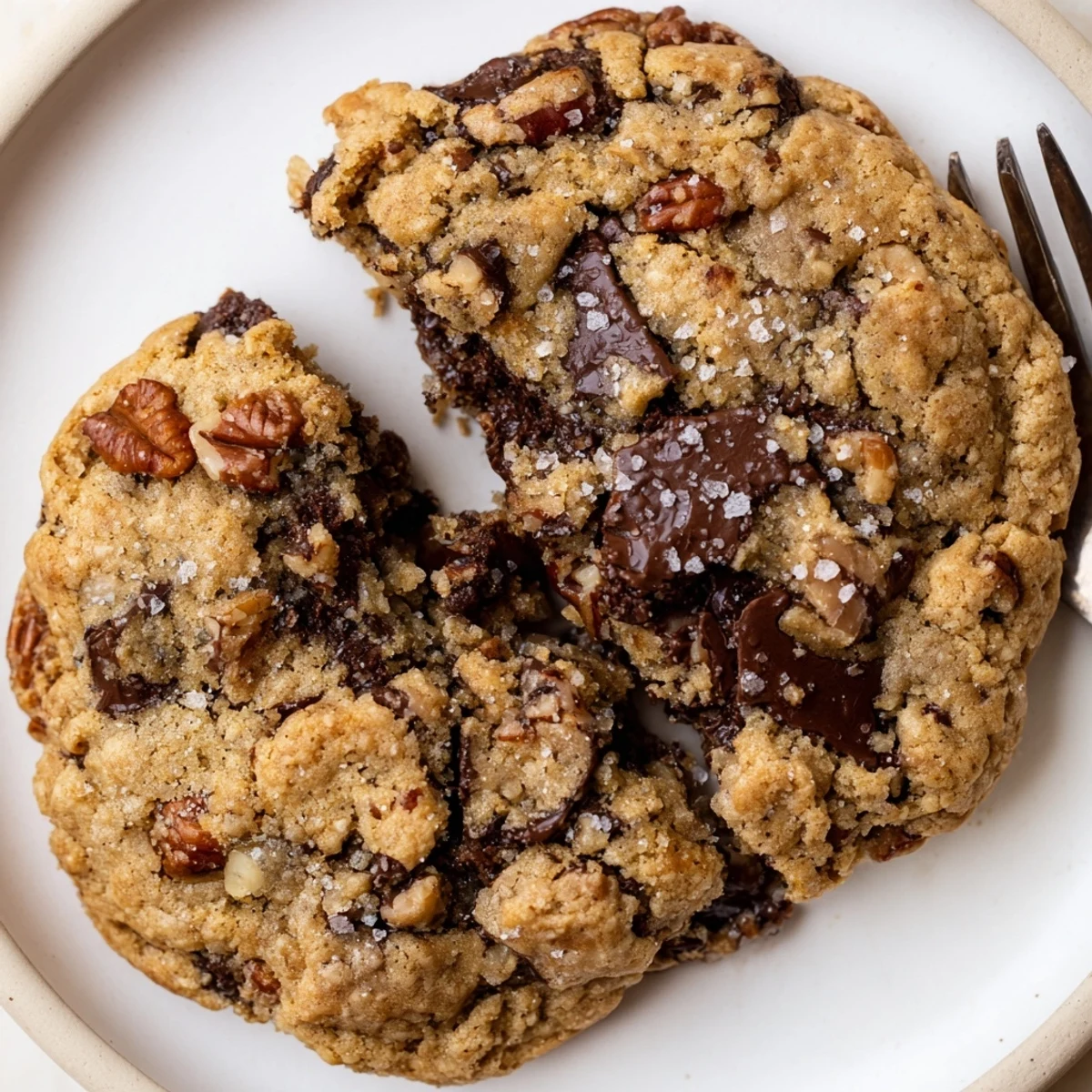 A stack of Gluten-Free Dark Chocolate Pecan Crunch Cookies beside coffee, flaky sea salt