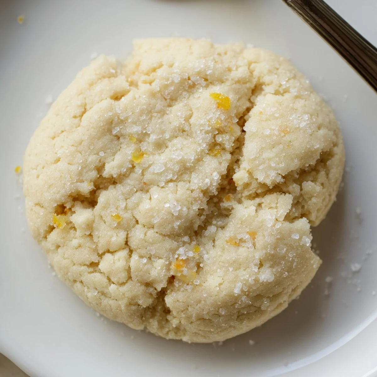 Plate of Vegan Lemon Vanilla Sugar Cookies dusted with sugar, bright lemon zest.