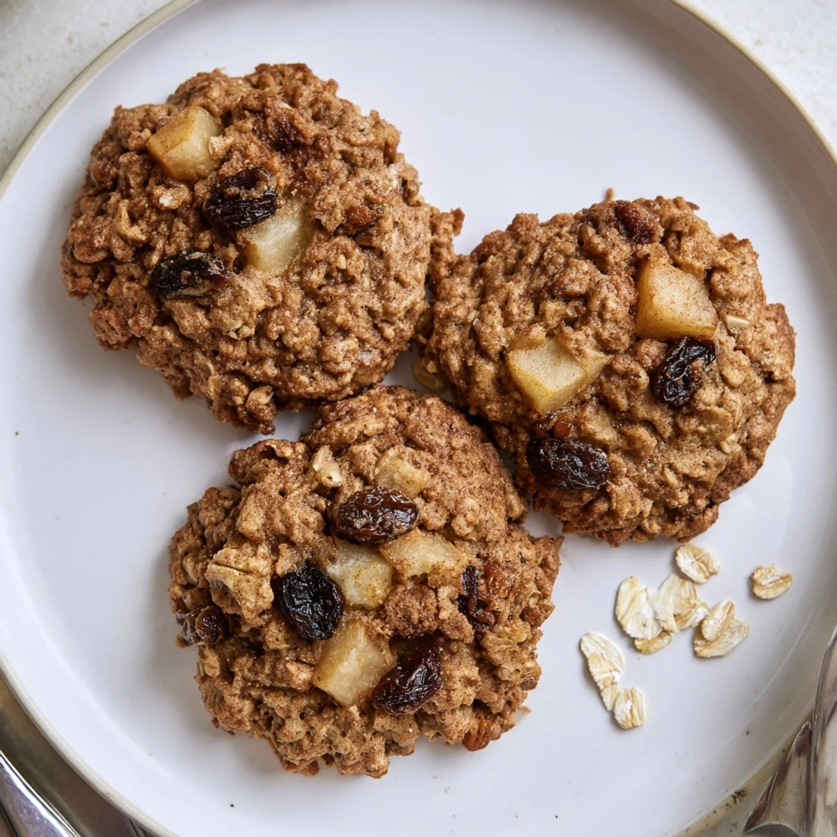 Apple Nutmeg Oatmeal Raisin Cookies stacked beside a steaming mug of coffee