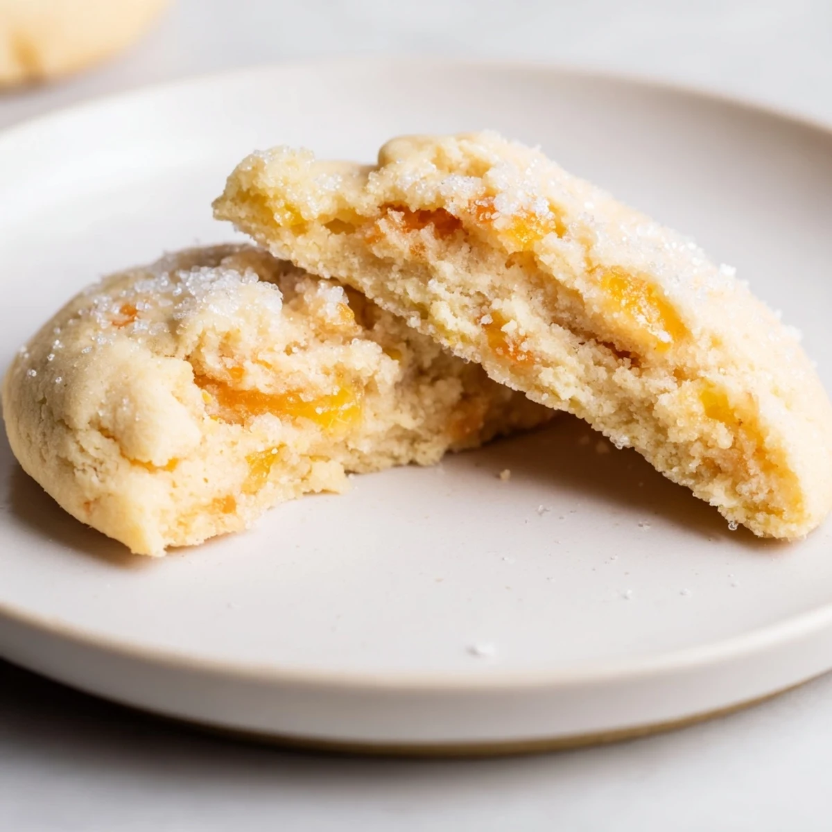 Stack of Vegan Pineapple Peach Sugar Cookies with golden edges and juicy fruit.