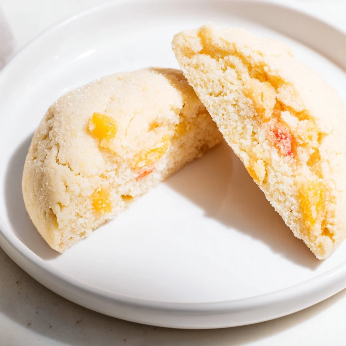 Vegan Pineapple Peach Sugar Cookies cooling on rack, sugared tops glistening.