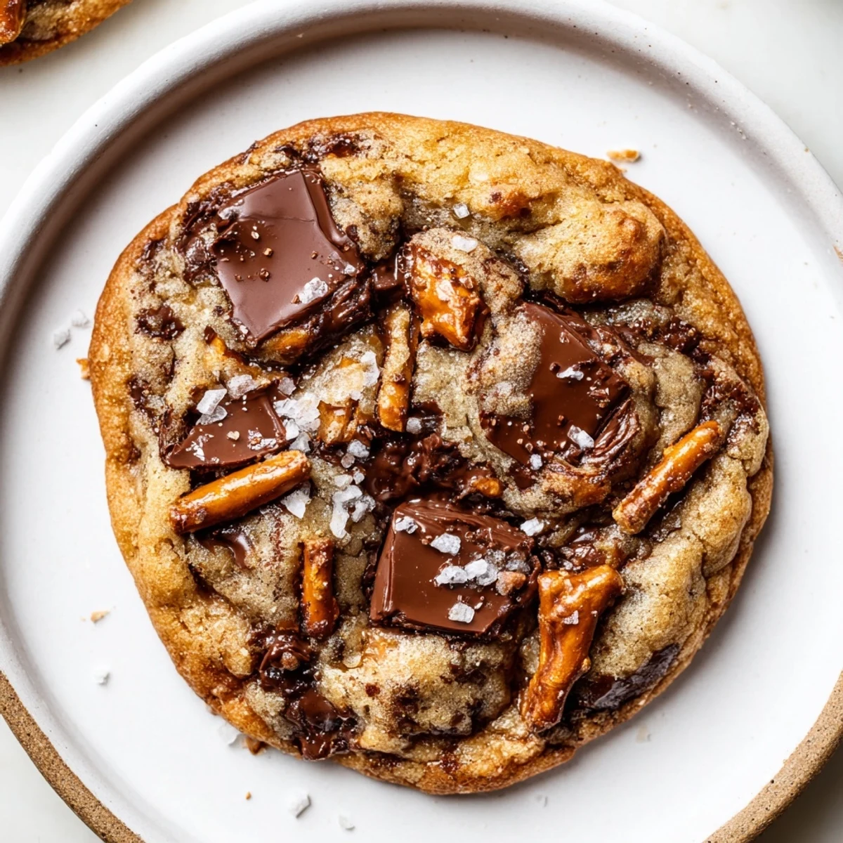 Warm Brown Butter Salted Pretzel Chocolate Chip Cookies with melty chocolate, flaky sea salt.