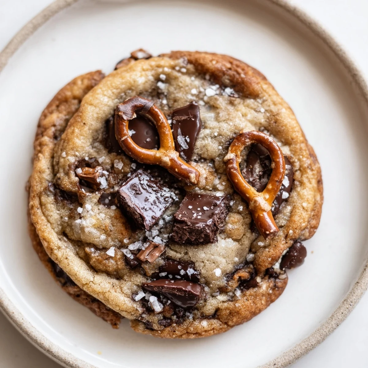 A stack of Brown Butter Salted Pretzel Chocolate Chip Cookies on cooling rack.