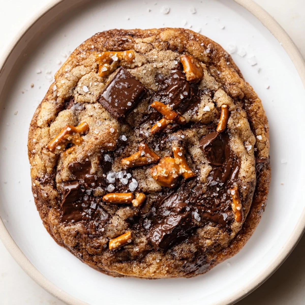 Close-up of Brown Butter Salted Pretzel Chocolate Chip Cookies showing crunchy pretzel pieces.