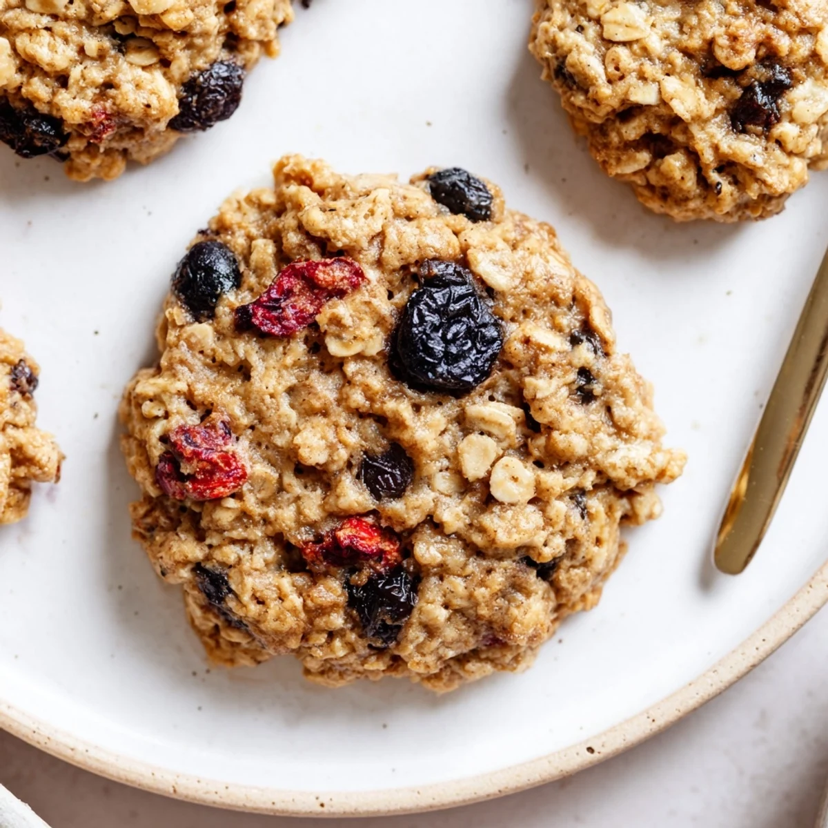 Vegan Blueberry Strawberry Oatmeal Raisin Cookies cooling on rack, chewy, fruit-studded.