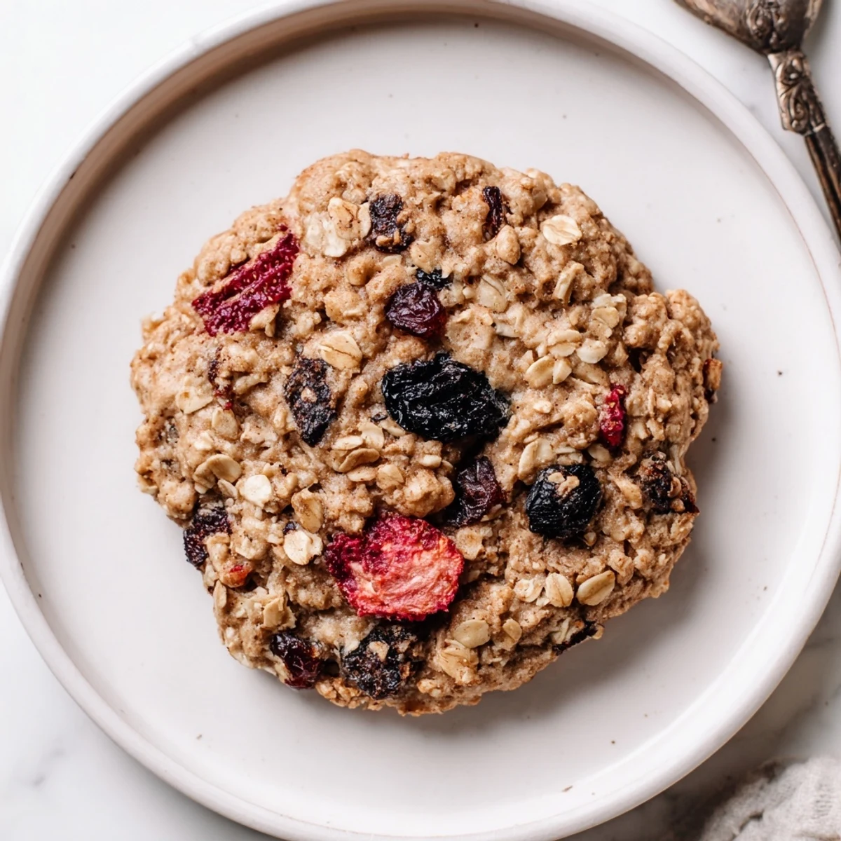 Warm and gooey, Vegan Blueberry Strawberry Oatmeal Raisin Cookies beside almond milk.