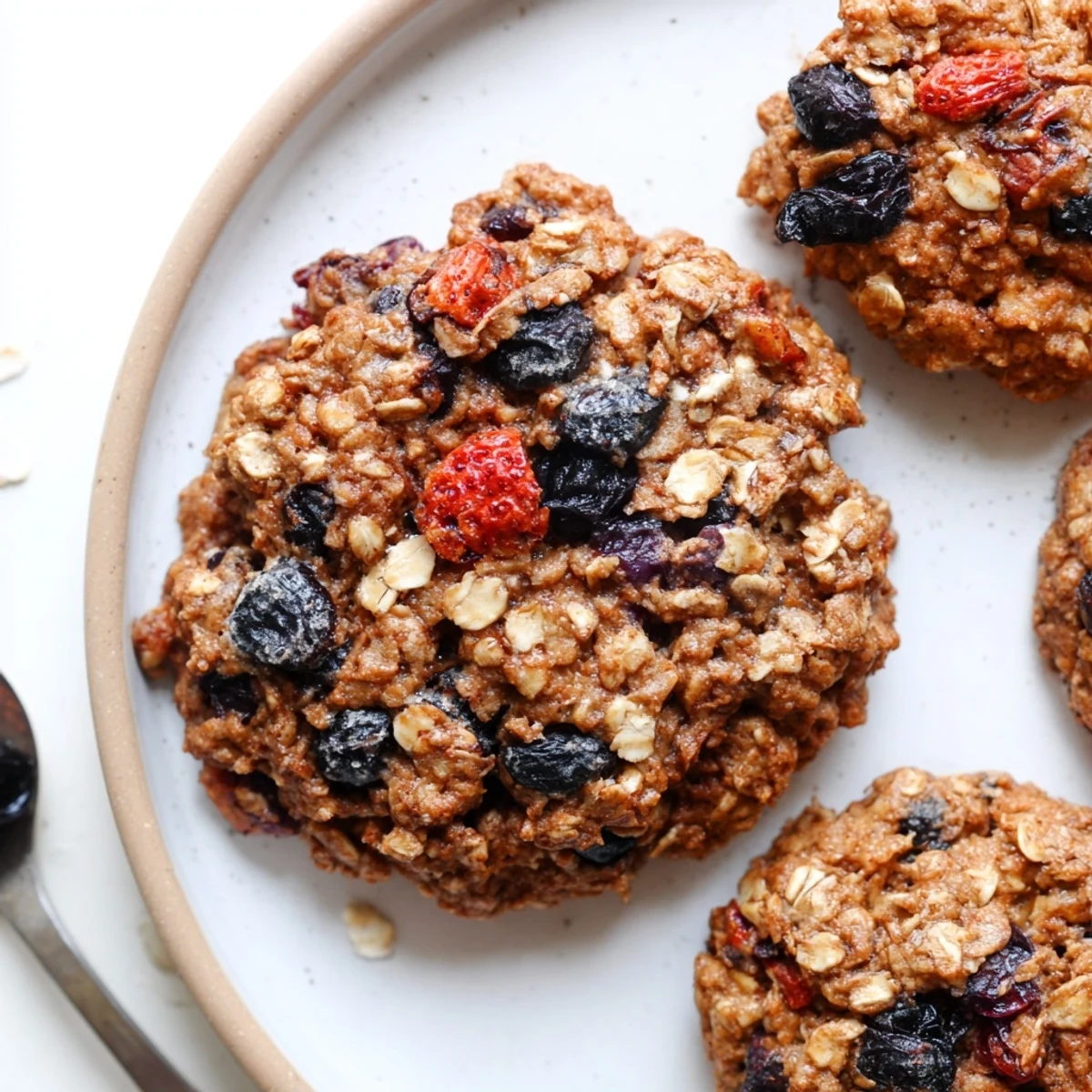 Tray of freshly baked Vegan Blueberry Strawberry Oatmeal Raisin Cookies, golden edges.