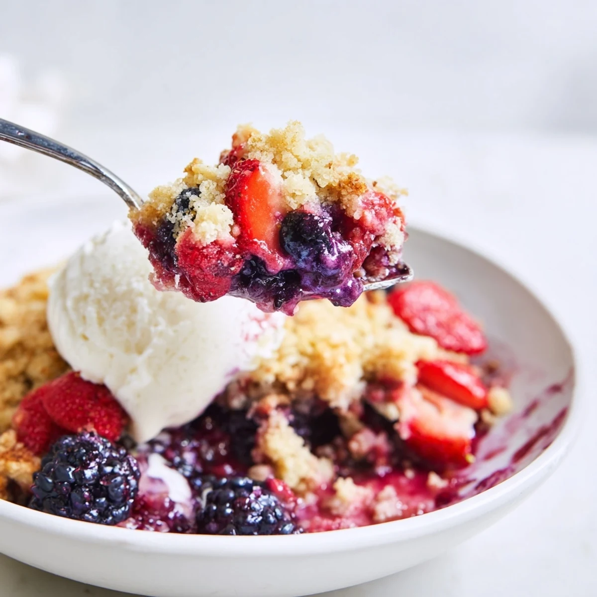Golden Vanilla Coconut Berry Crumble bubbling with glossy berries and crisp topping