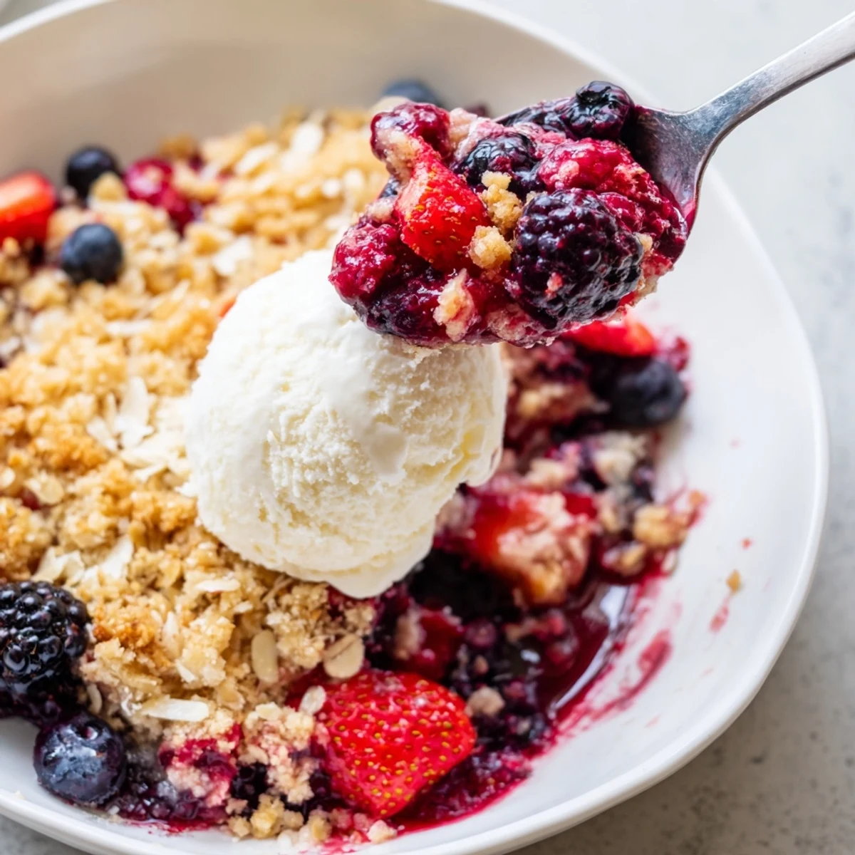 Vanilla Coconut Berry Crumble served warm with melting vanilla ice cream
