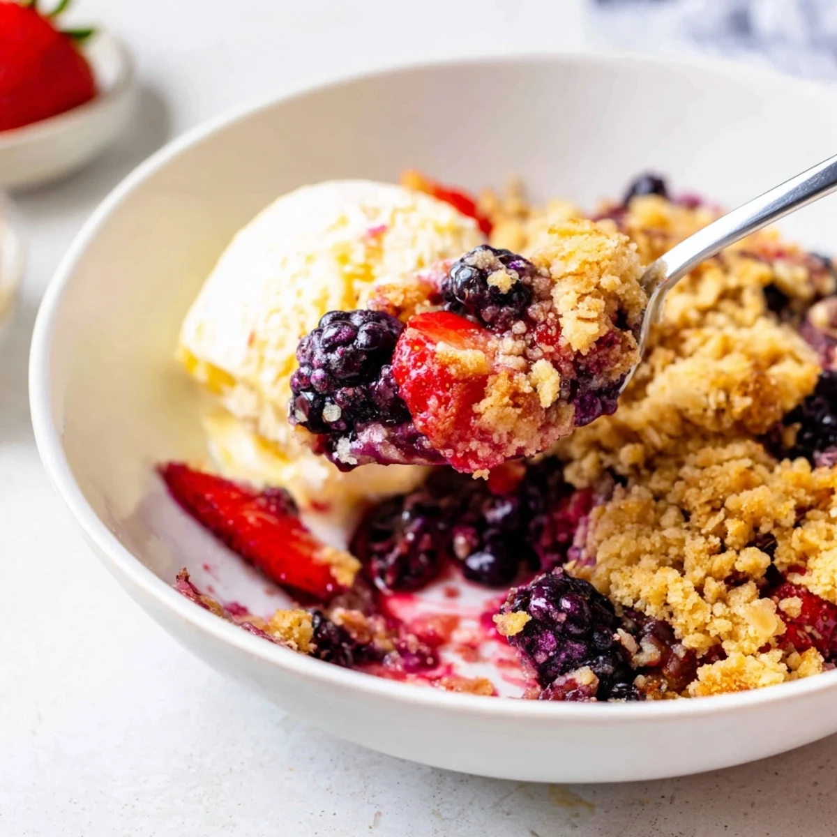 Rustic Vanilla Coconut Berry Crumble with toasted coconut flakes and steaming juices