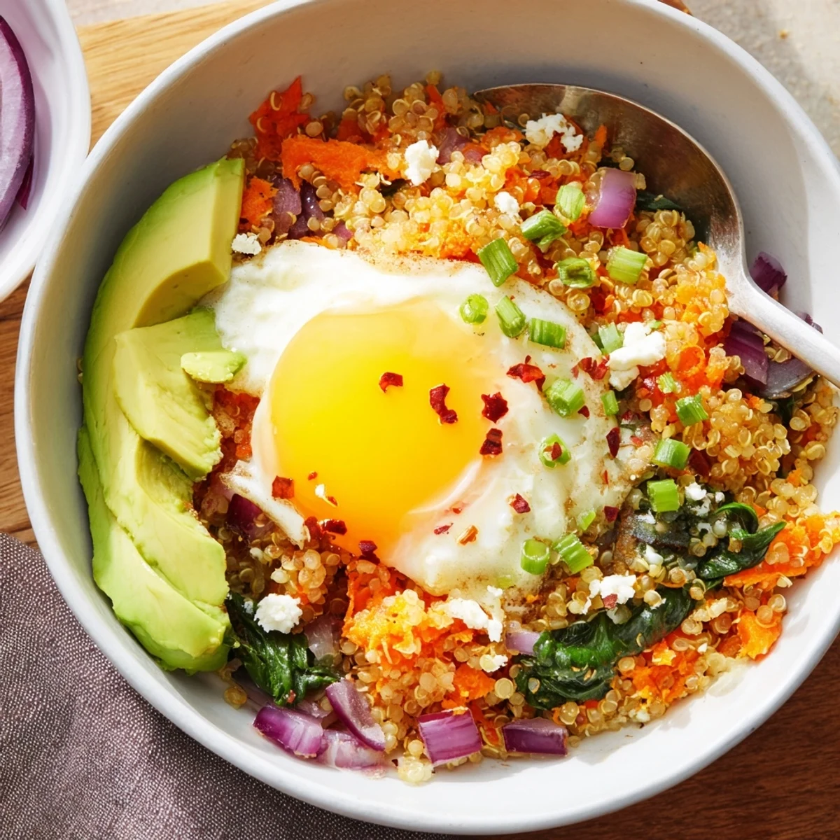 Savory Carrot and Spinach Quinoa Breakfast Bowl topped with runny fried egg