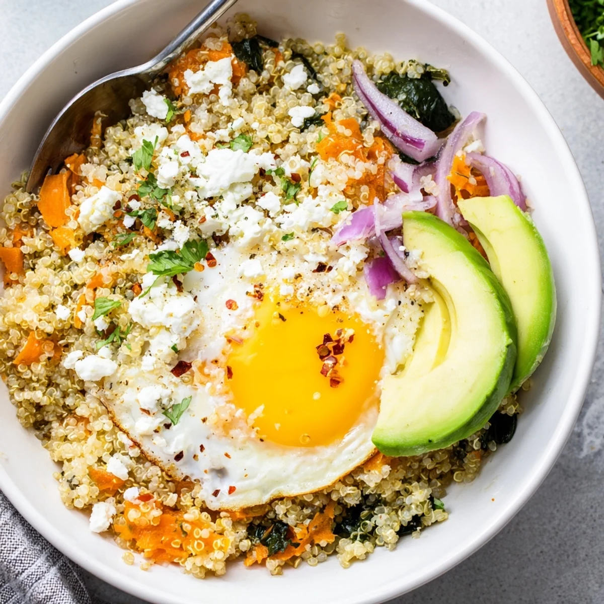 Hearty weekend breakfast: Savory Carrot and Spinach Quinoa Breakfast Bowl with avocado