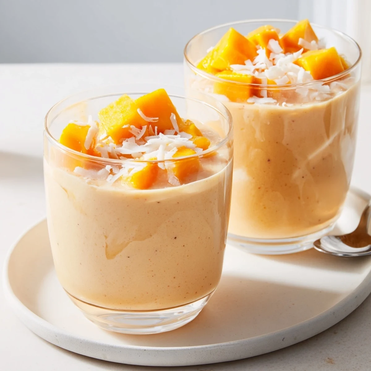 Papaya Mango Coconut Smoothie in tall glass, creamy orange pink swirl, shredded coconut garnish
