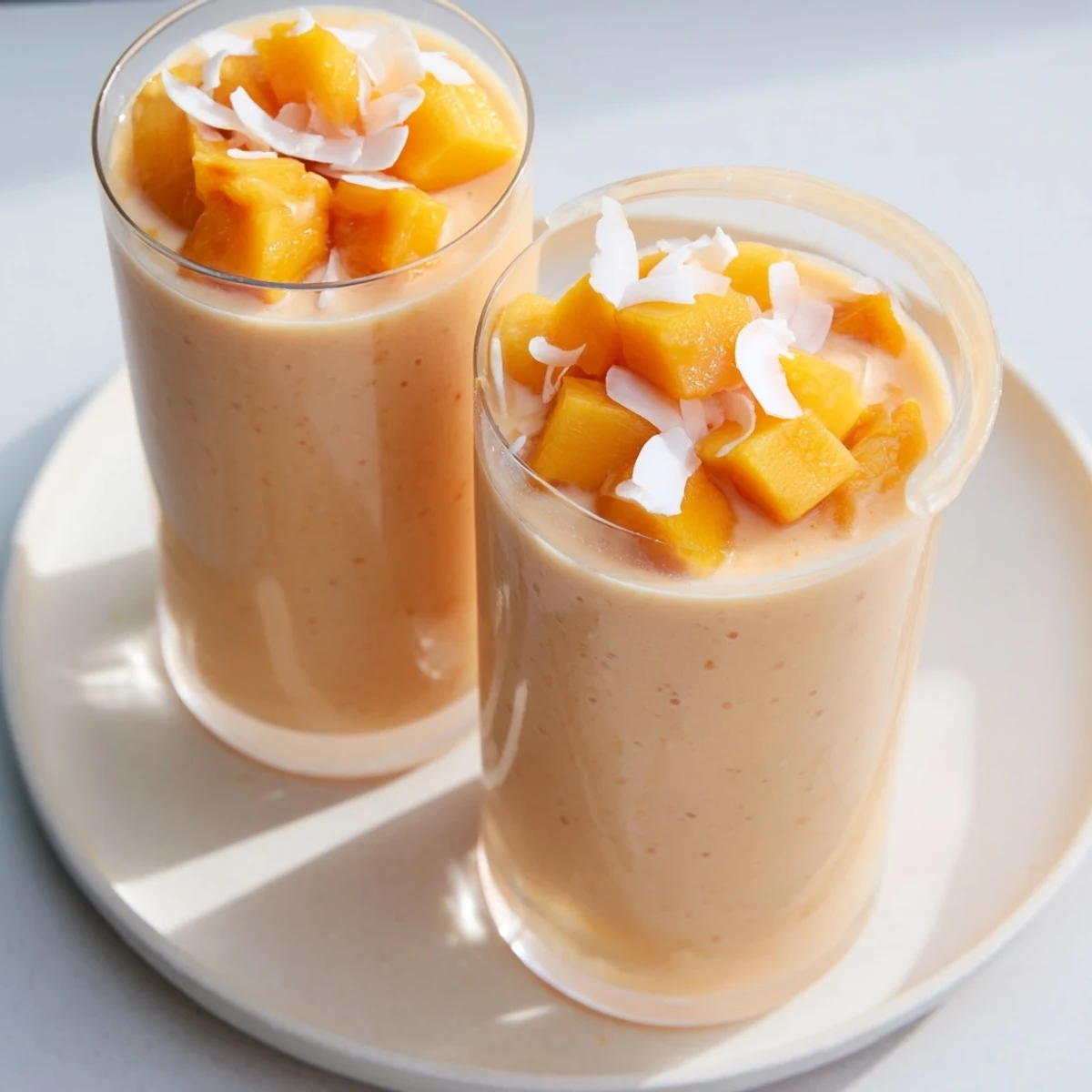 Chilled Papaya Mango Coconut Smoothie with tropical aroma, juicy mango and papaya