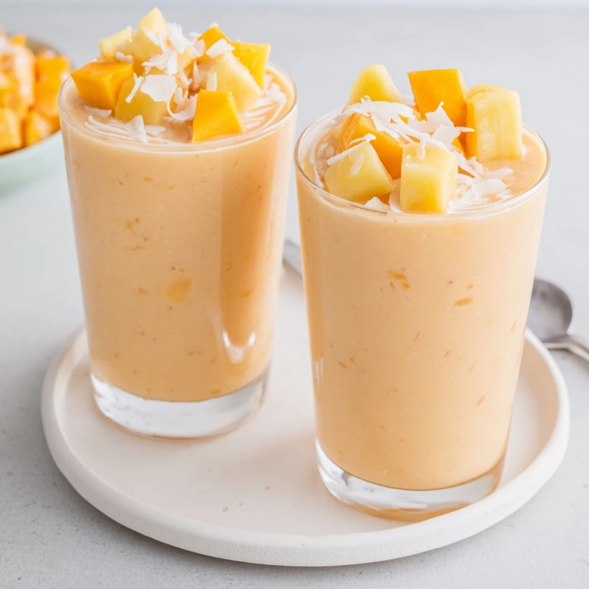 Bright Papaya Mango Coconut Smoothie served with lime wedge and toasted coconut