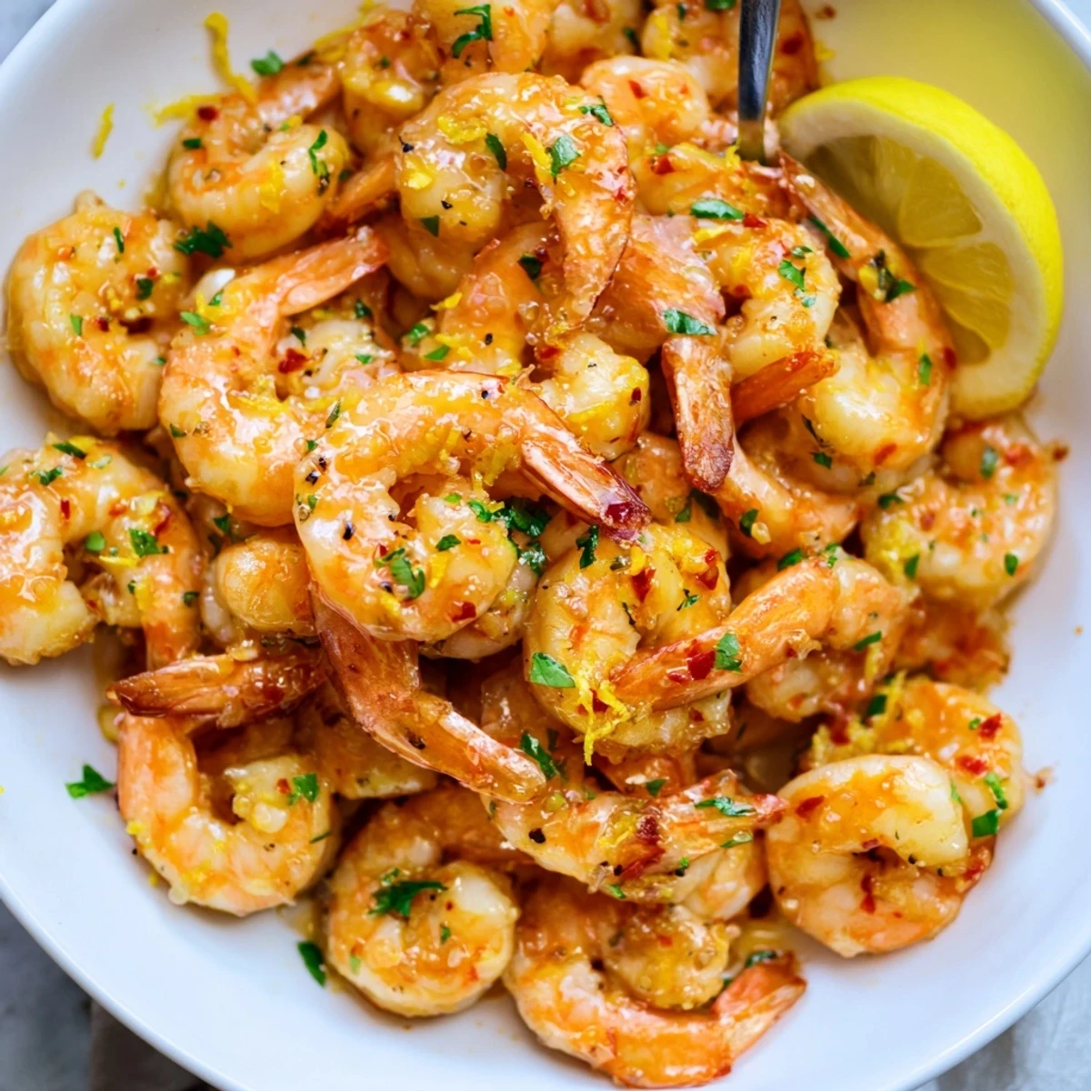 Lemon Chili Glazed Shrimp Skillet sizzling in pan, glossy glaze, lemon wedges.